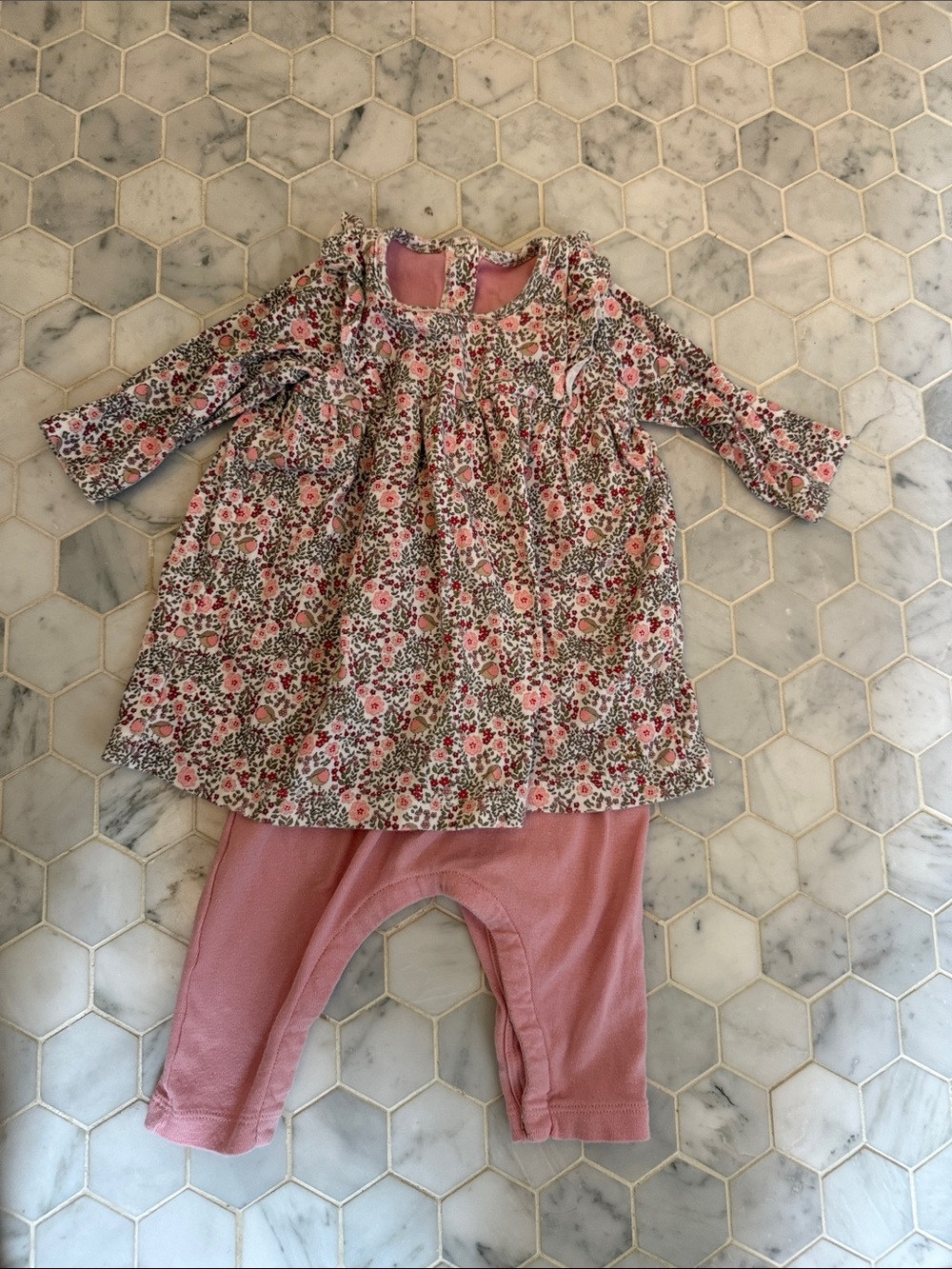 Petit Bateau Pink Floral Long-Sleeve One-Piece with snap closures 6 months